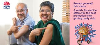 two older people pointing out their flu vaccinations